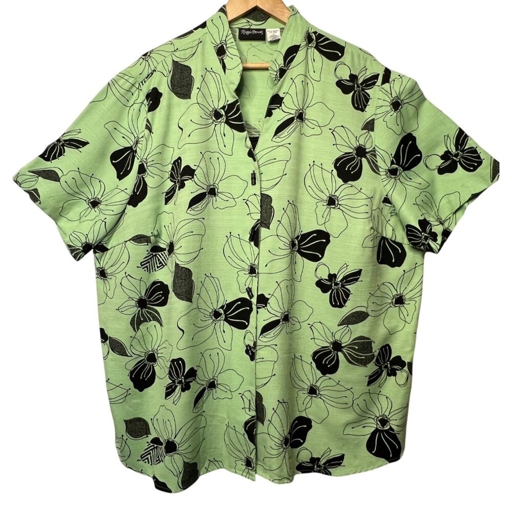 Maggie Barnes Womens Plus Size 3X Green Floral Button-Front Blouse w/ Black Tank